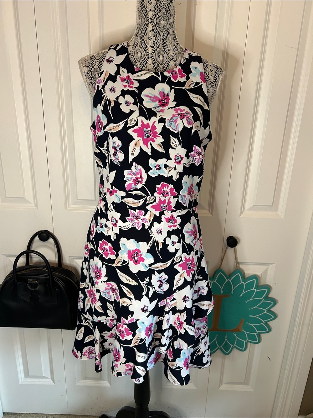 Banana Republic Floral Fit-and-Flare Dress in Black with Pink & White Blooms